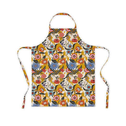 Apron with a pattern of blue, red and yellow flowers on white and yellow background.